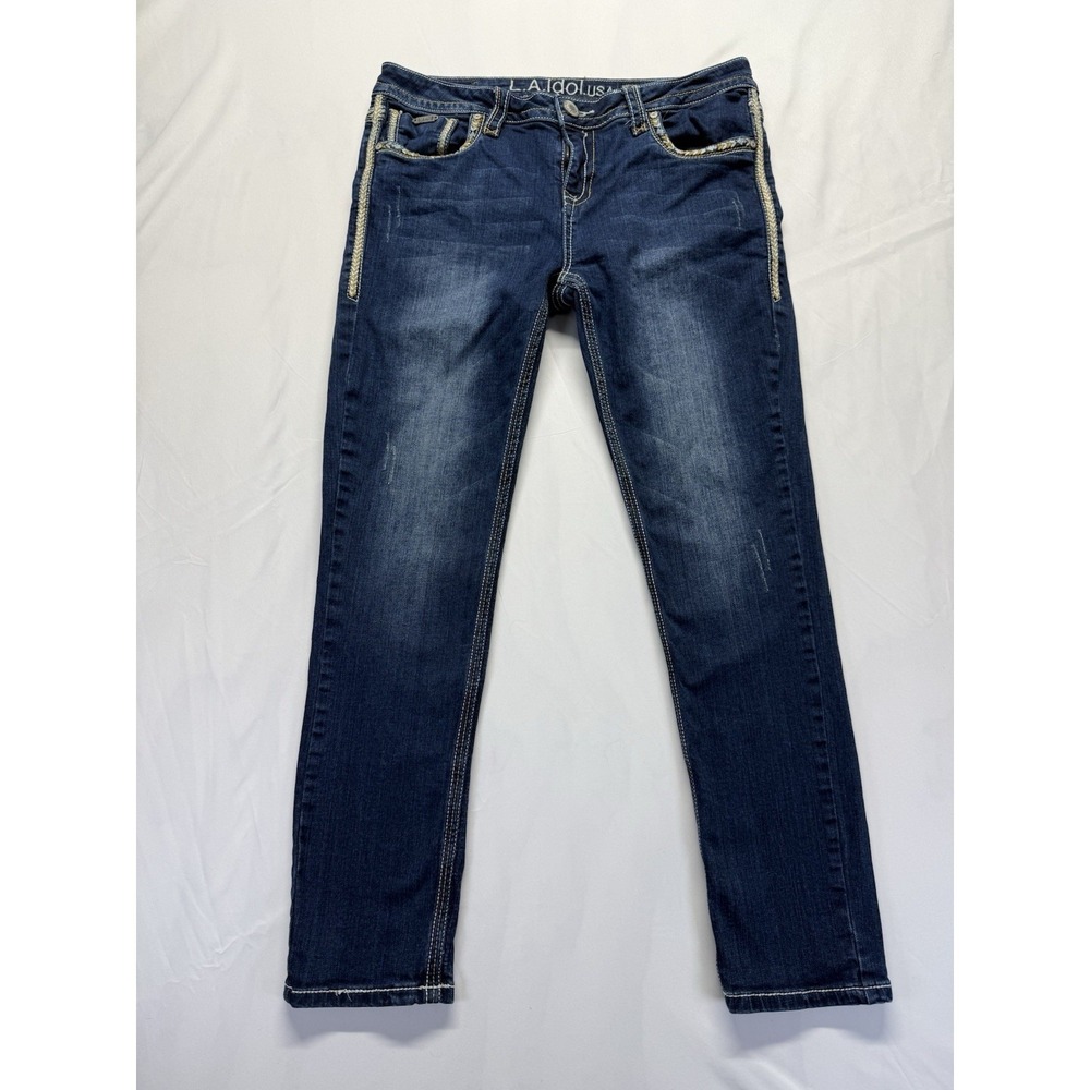 LA Idol USA Denim Bootcut Size 13 35x29 low rise dark wash embroidered pockets
